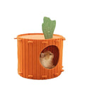 Beige carrot-shaped felt cat nest with multiple holes, shown in a home setting.