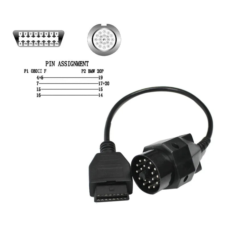 OBD2 adapter cable with black BMW 20-pin male connector and standard 16-pin female OBD2 connector