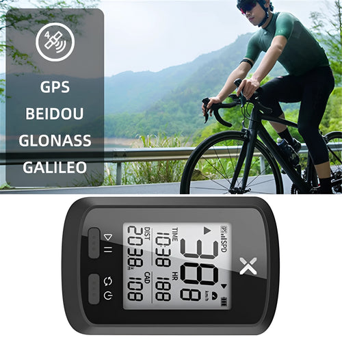 Black waterproof bicycle stopwatch with colour display mounted on bike handlebars.