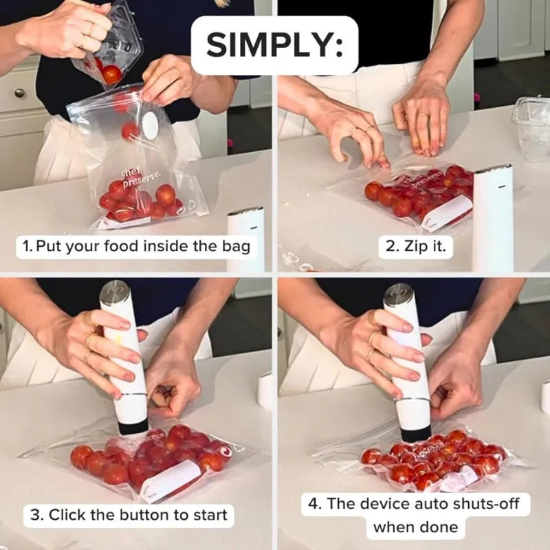 White USB electric vacuum sealer pump with five 26x28cm plastic food storage bags.