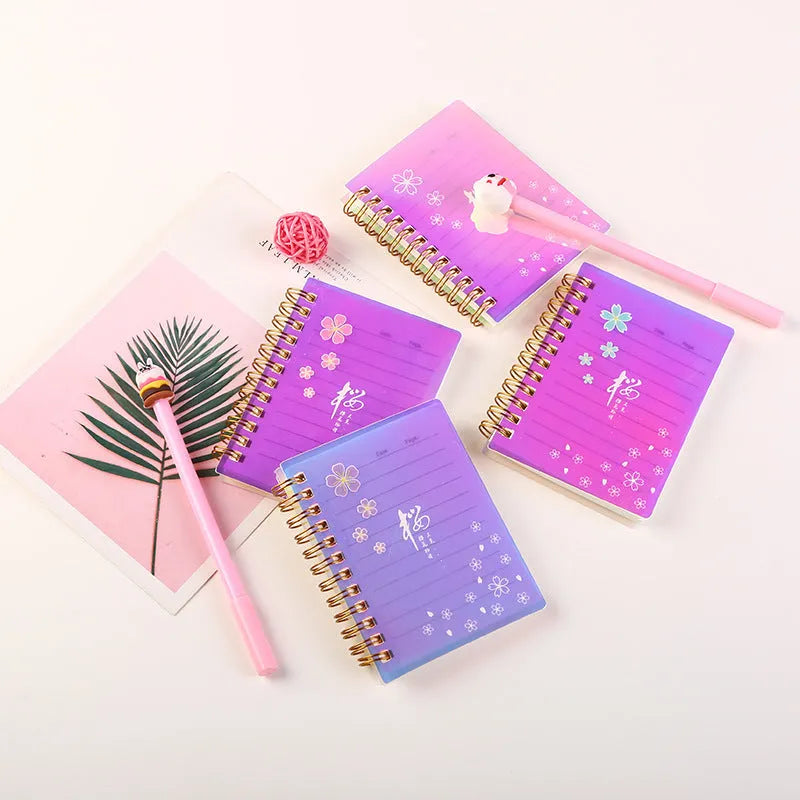 A7 spiral notebook with PP cover showing constellation design, spiral binding, and open page with square inner core
