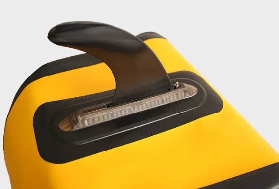 Heytur SUP paddle with large removable plastic fish fins and water dispenser feature.