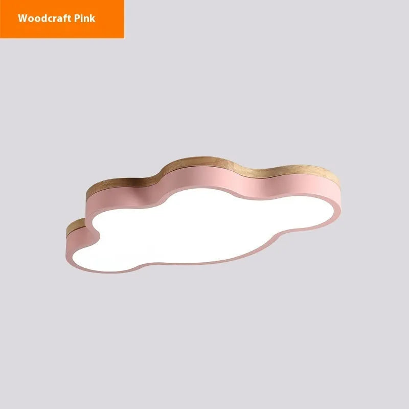 Cloud-shaped LED ceiling lamp with wooden finish in bedroom setting showing dimmable light options