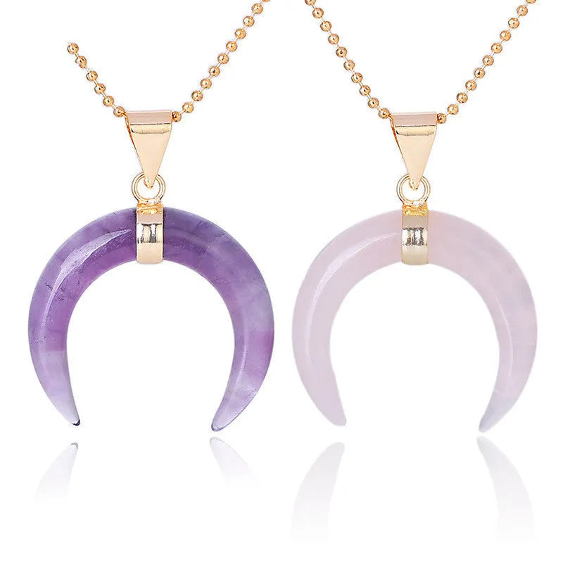 Natural stone moon pendant necklace with copper fittings on adjustable chain, pink and purple colour options