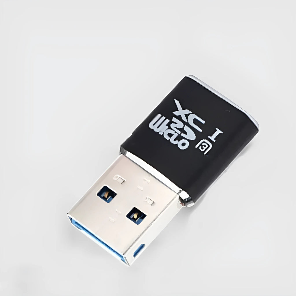 Black USB 3.0 card reader for Micro SD, SDHC, and SDXC memory cards on a white background.
