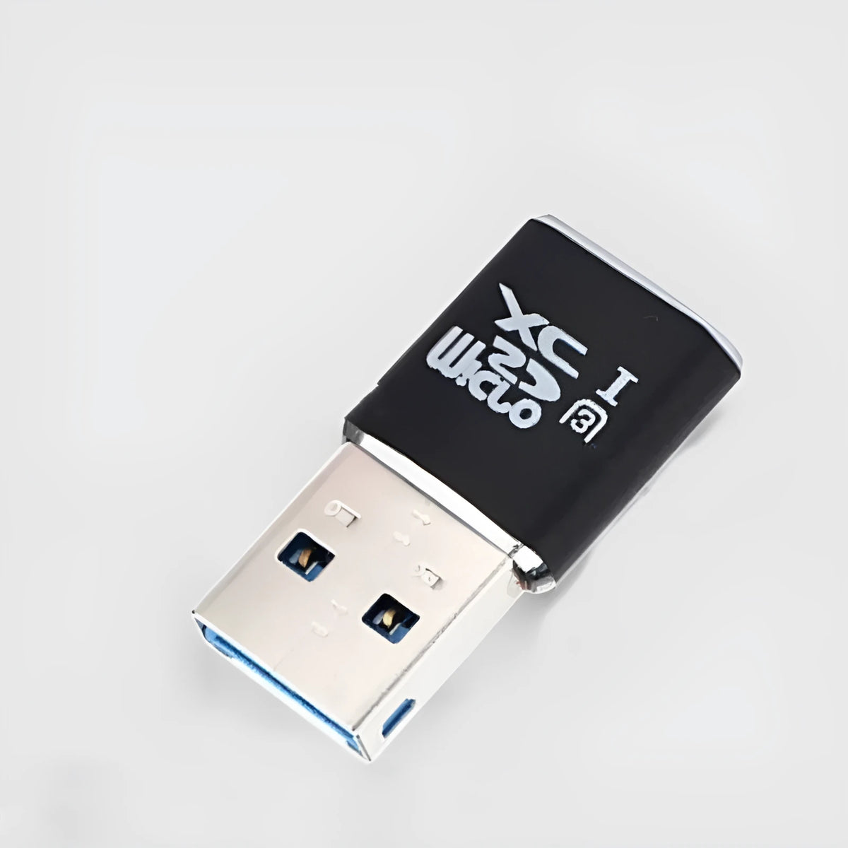Black USB 3.0 card reader for Micro SD, SDHC, and SDXC memory cards on a white background.