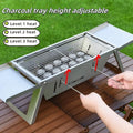 Small foldable portable charcoal grill shown in use and collapsed for storage.