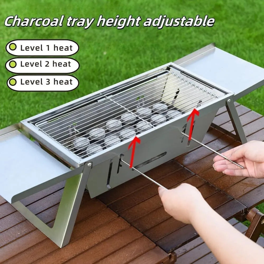Small foldable portable charcoal grill shown in use and collapsed for storage.