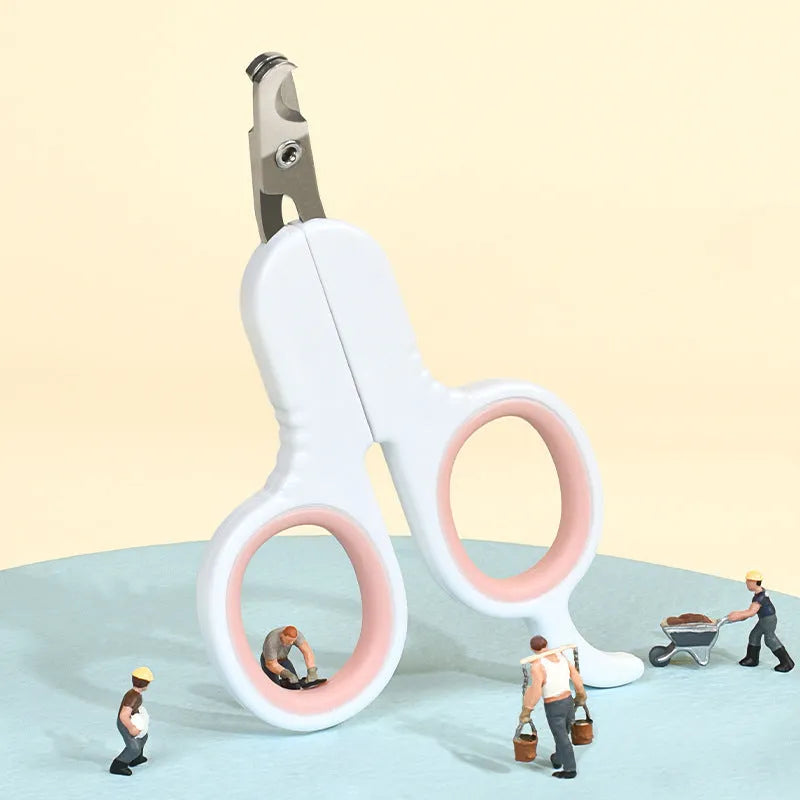 Professional grey and pink pet nail clippers with curved safety tips and a non-slip rubber handle.