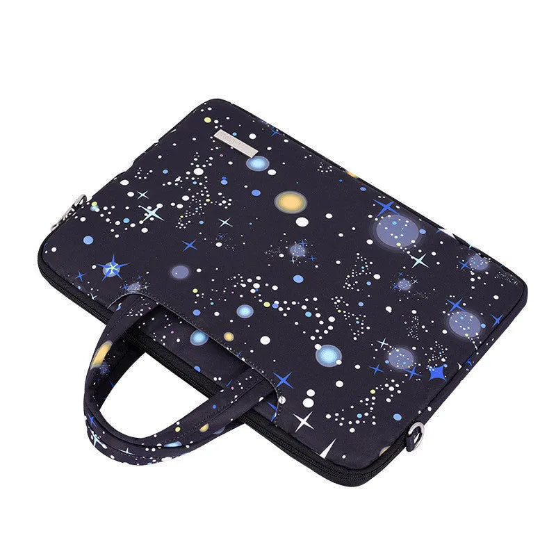 Black waterproof polyester laptop liner bag shown in 13, 14, and 15 inch sizes with dimensions