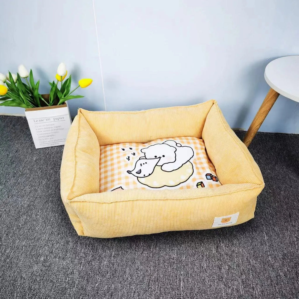 Light blue pet nest for dogs and cats on a wooden floor, showing its plush fabric and padded sides.