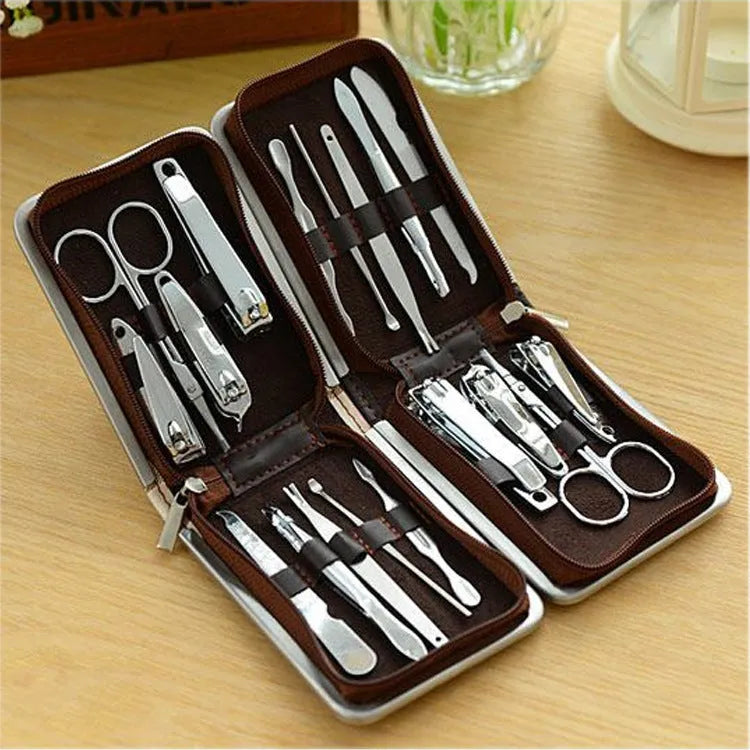 9-piece stainless steel nail clipper set in compact case, approx 10cm by 8cm by 2cm, random colour