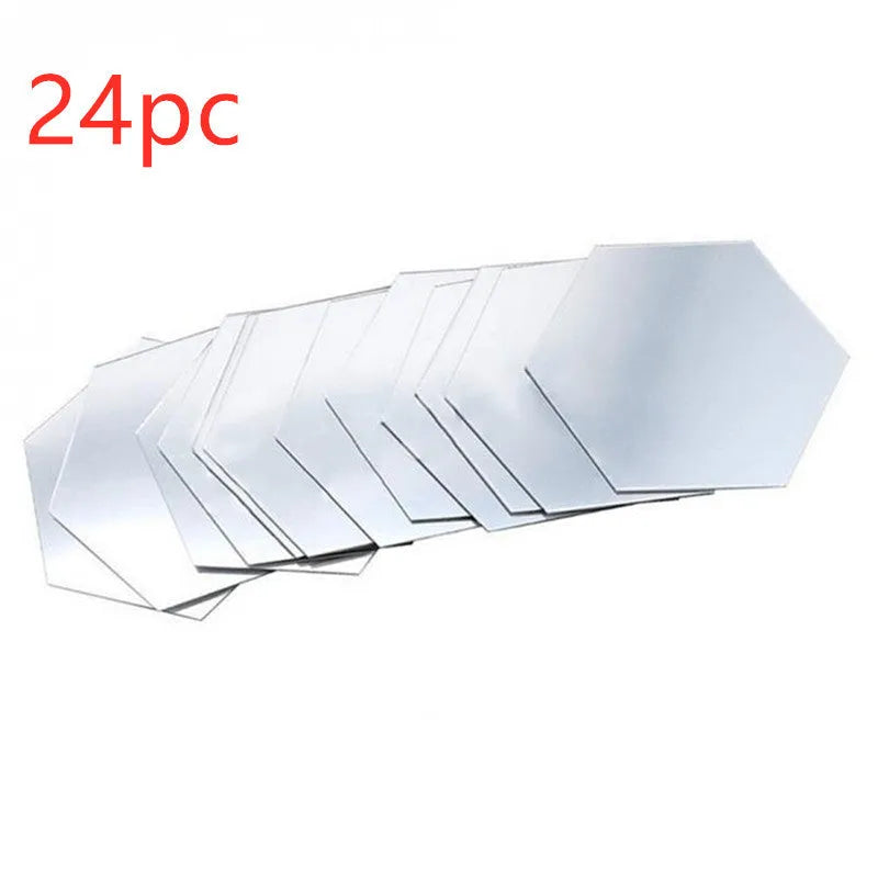 Hexagonal silver PS mirror wall sticker on a wall surface close up