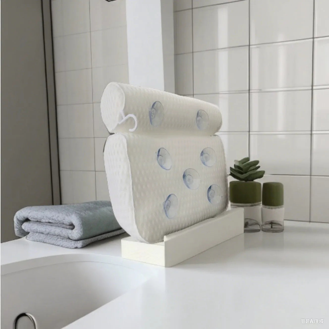 White adult bathtub pillow with 4D mesh material and suction cups on a bath mat.