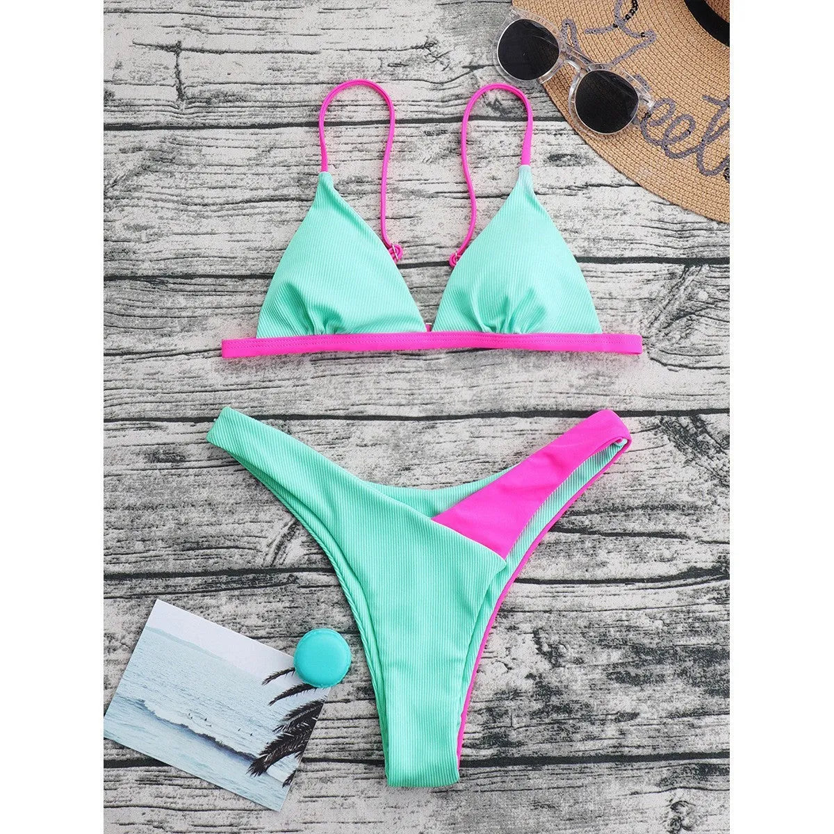 Women's European style nylon swimsuit briefs in pattern designs with bra and panties set