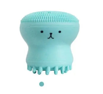 Cartoon octopus silicone wash brush in pink for manual facial cleansing and massage