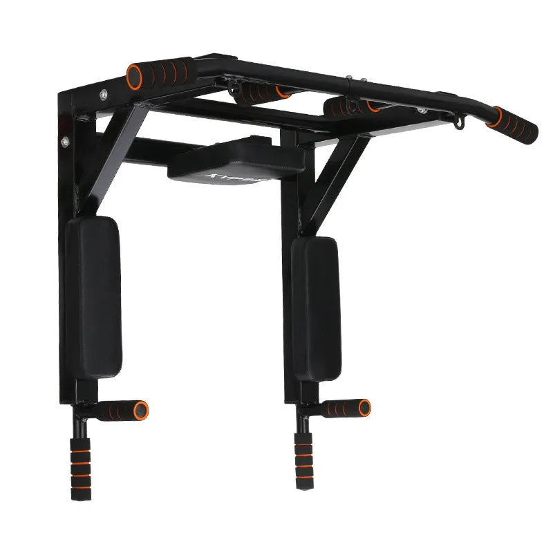 Black wall-mounted fitness equipment with sandbag rack and single parallel bars for pull-ups.