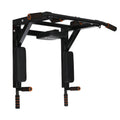 Black wall-mounted fitness equipment with sandbag rack and single parallel bars for pull-ups.
