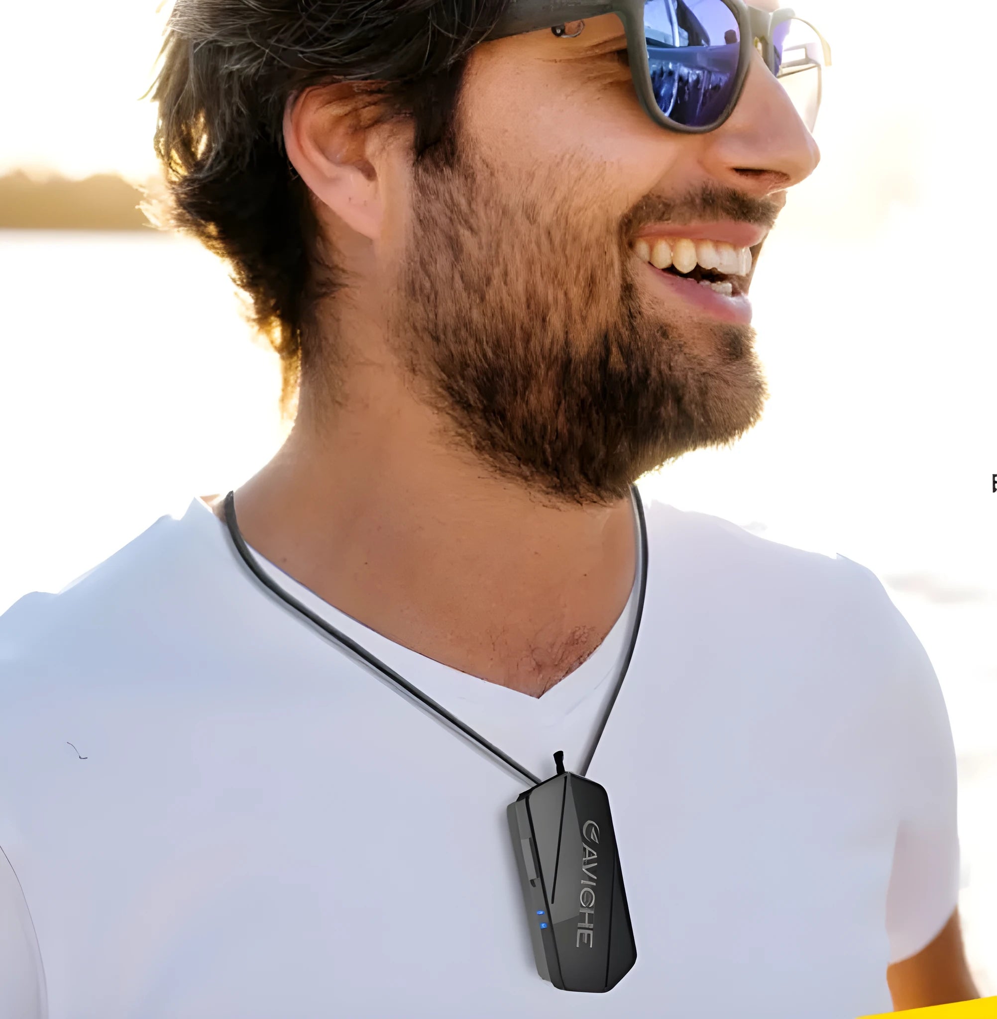 Black portable air purifier necklace device measuring 80mm by 37mm by 24mm with personal air filtration