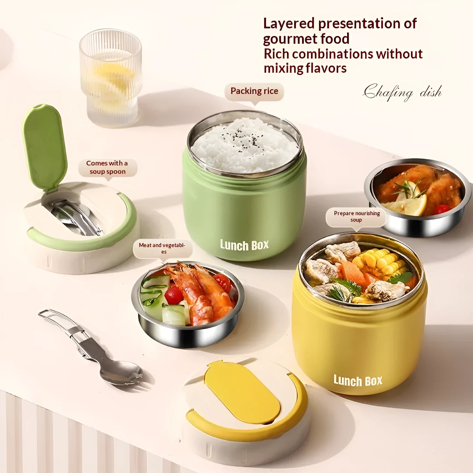 304 Stainless Steel Insulated Lunch Box 1.3L round shape in Beige with lid and insulated bag