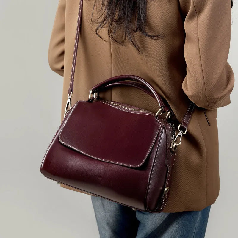 Women's genuine leather crossbody tote bag in cross square design with double straps and multiple compartments