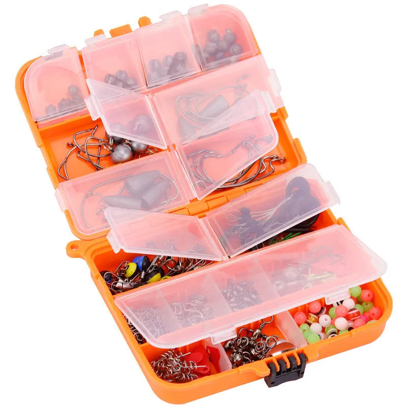 Weihe orange or black ABS plastic box open to show organised compartments filled with 257 fishing hooks and lure accessories.