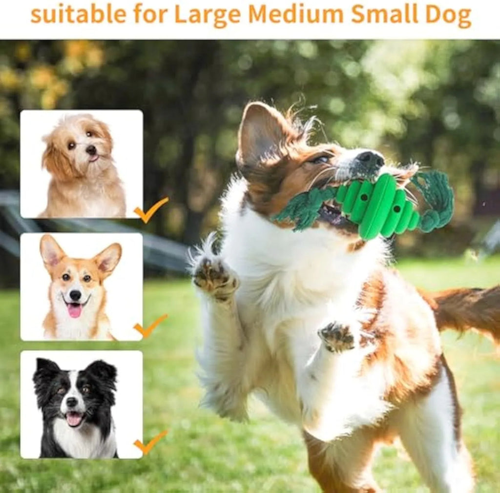 Green and yellow split spiral dog ball toy with rope for tug of war and treat dispensing