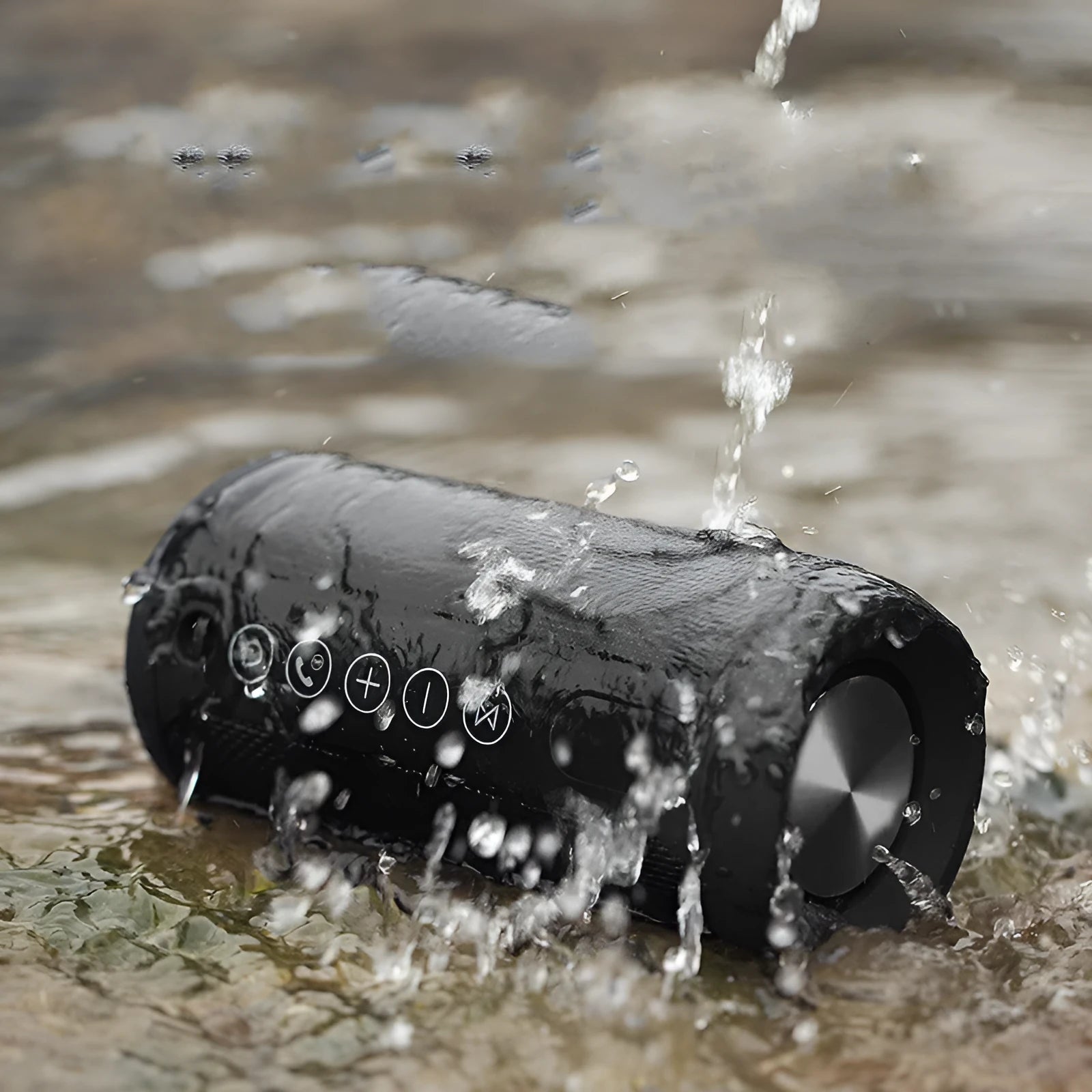 Compact outdoor waterproof speaker in choice of black, camouflage, grey, or red, showing control buttons and ports.