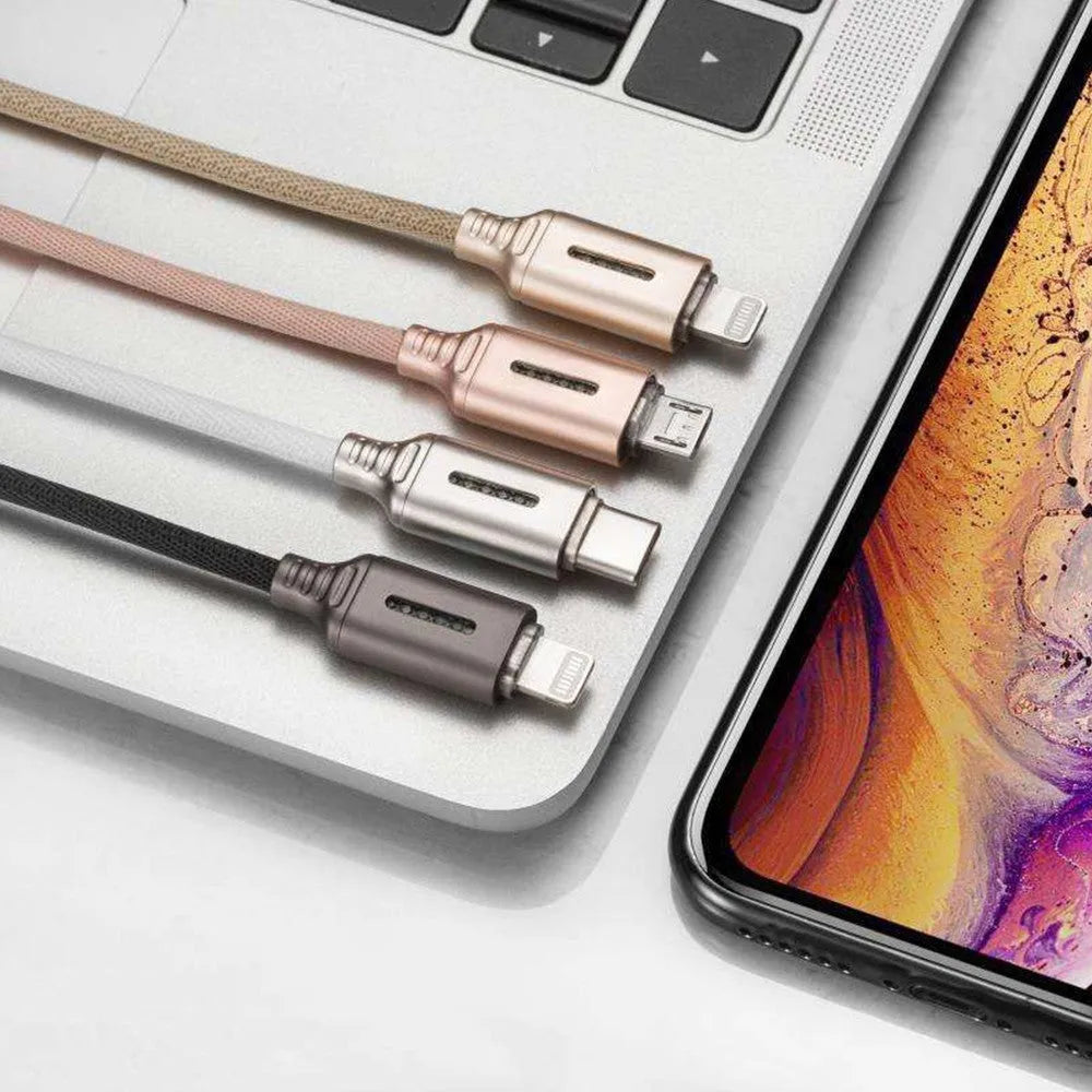Fabric braided USB charging cable, 1 metre long, with connectors for phone and USB port.