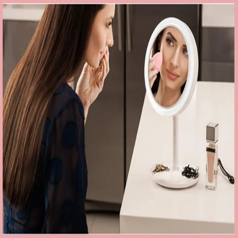 White ABS folding fan LED light makeup mirror with rotating table and five-fold design