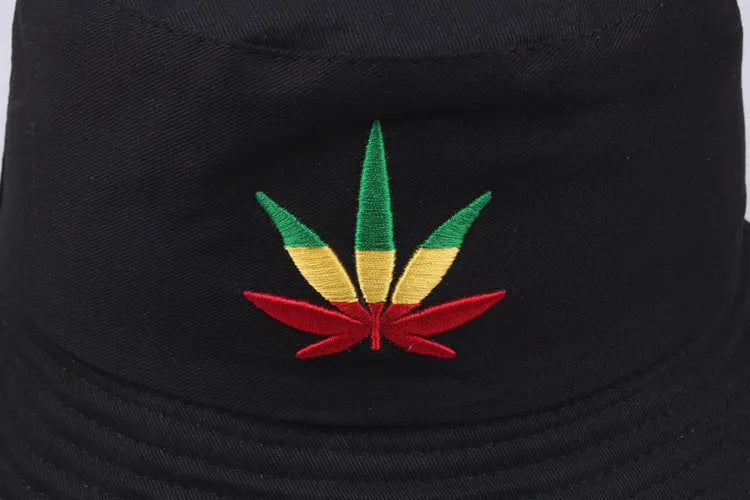 Black cotton twill fisherman hat with embroidered cartoon pattern, flat top and short brim, free size 56-58cm