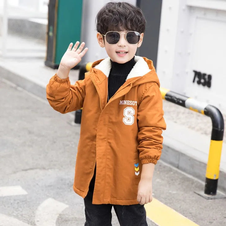 Children's winter jacket with velvet lining Korean style windbreaker in brown, green, navy sizes 110-160cm