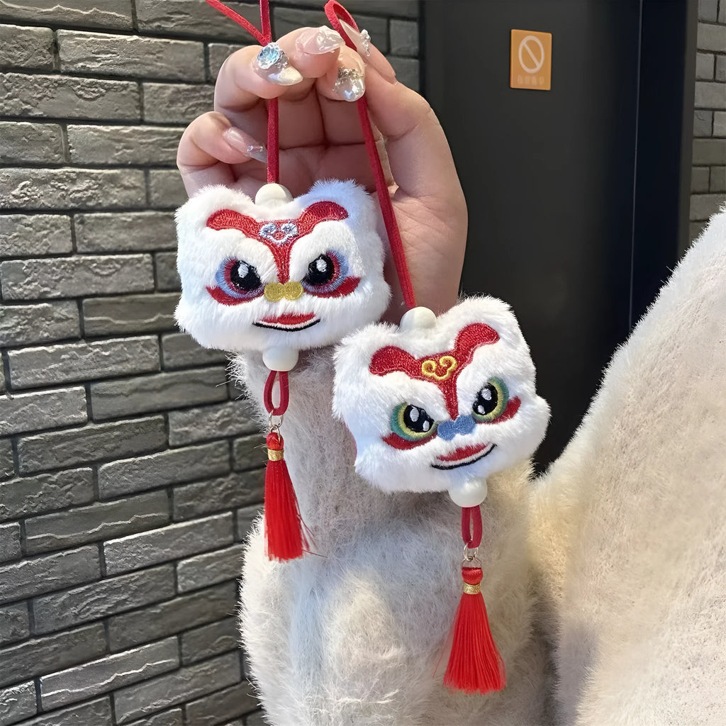 Blue Chinese style plush lion keychain ornament with star stone details and tassel