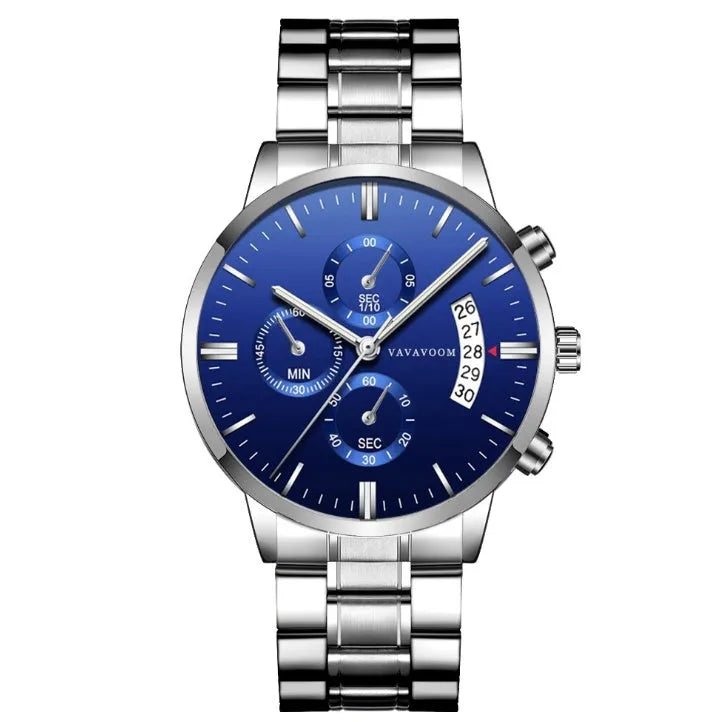 Men's stainless steel watch with 43mm dial, calendar display, and butterfly clasp in silver chain option