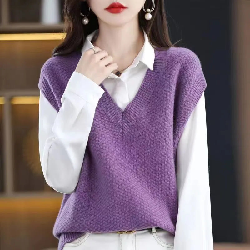Women's V-neck sleeveless vest pullover with 3D pattern in acrylic knit, shown in multiple colour options