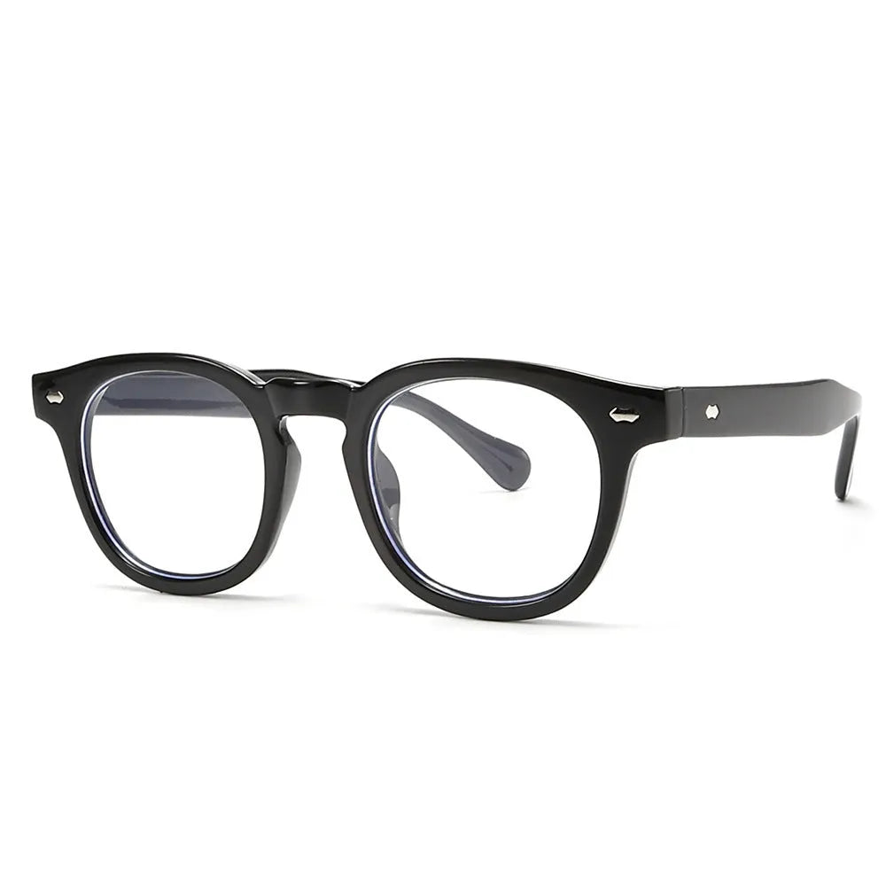 Simple round rim retro sunglasses on a plain background showing bright black frame with blue lenses.