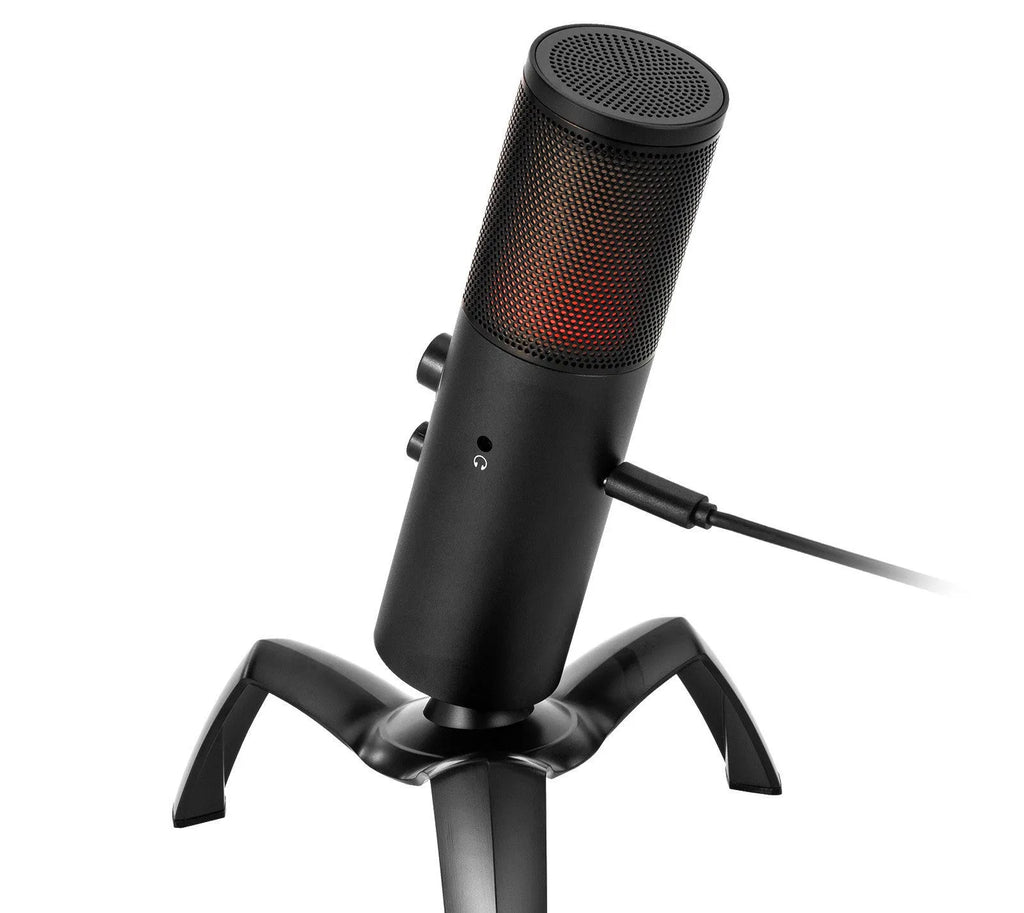 Black Q18 USB condenser microphone with RGB lighting on adjustable metal tripod stand