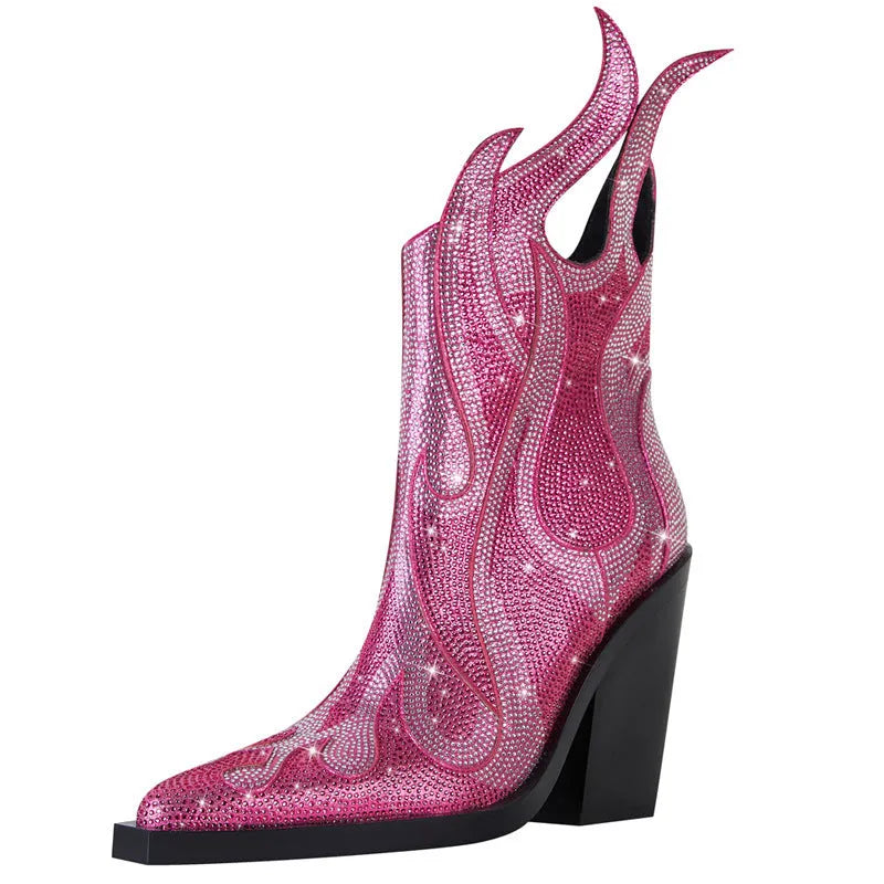 Women's square toe chunky heel Martin boots with rhinestone flame decoration, black colour, side zipper, rubber sole