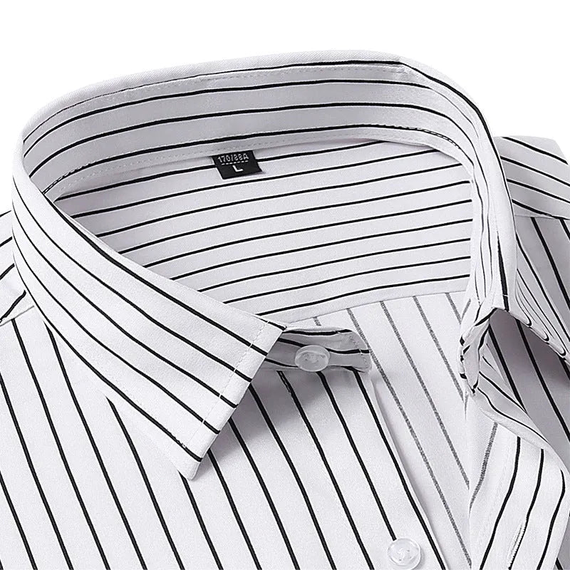 Man wearing a slim fit striped long sleeve cardigan shirt in blue and white.