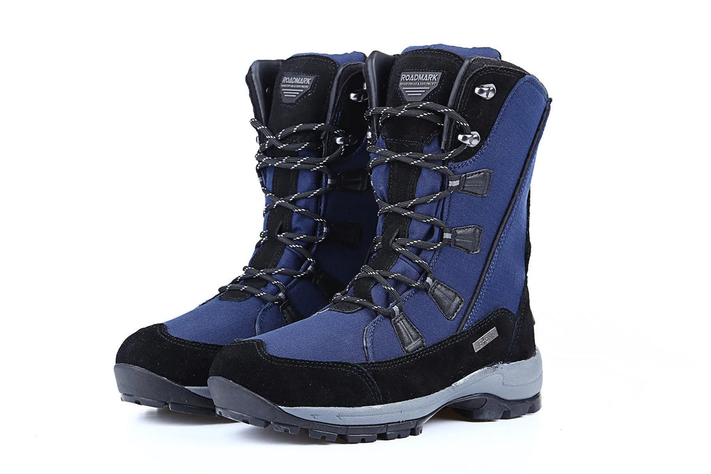 Women's black mid-calf thermal snow boots with a round toe and genuine leather upper on a rubber sole.