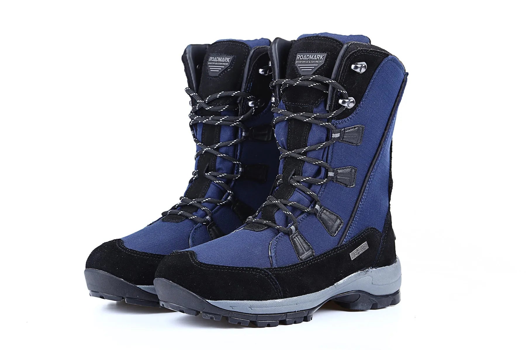 Women's black mid-calf thermal snow boots with a round toe and genuine leather upper on a rubber sole.