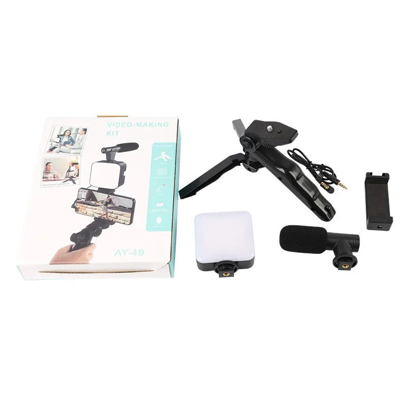 LED mini square pocket light tripod flash unit showing compact 7.3x2.8x8.4 cm dimensions and multiple attachment configurations