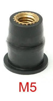 Set of black rubber brass expansion well nut fasteners for motorcycle windshield mounting
