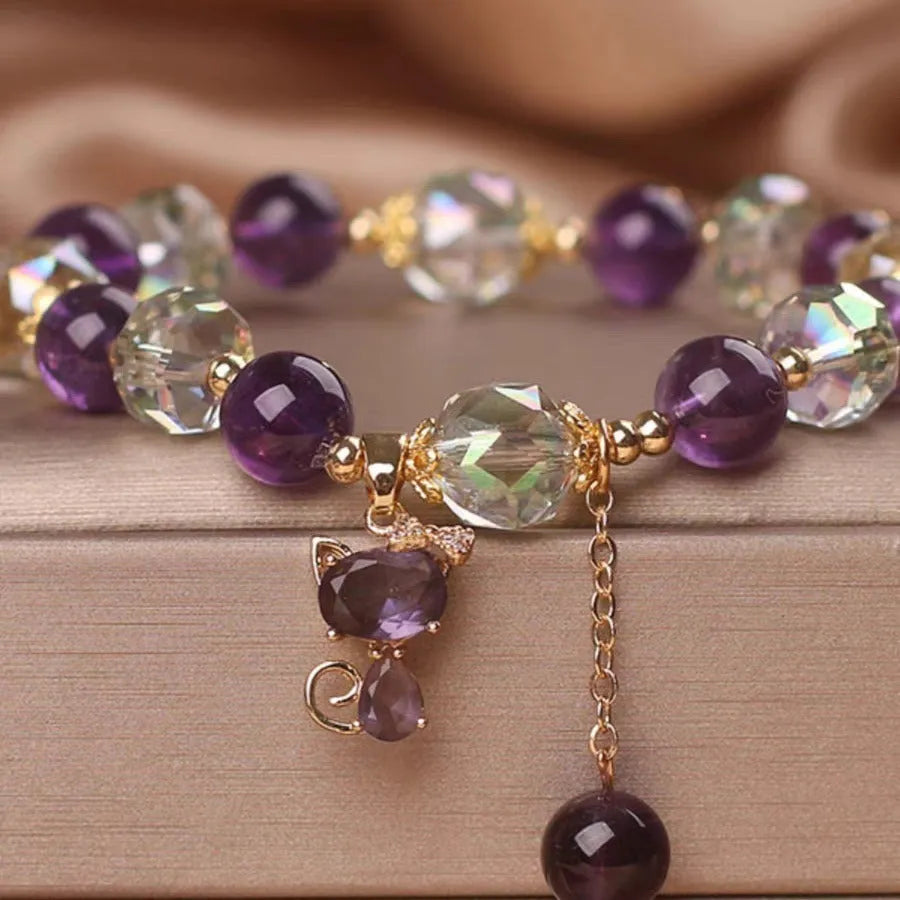 Natural amethyst fox pendant bracelet with purple crystal five-leaf flower and nine-tailed fox design