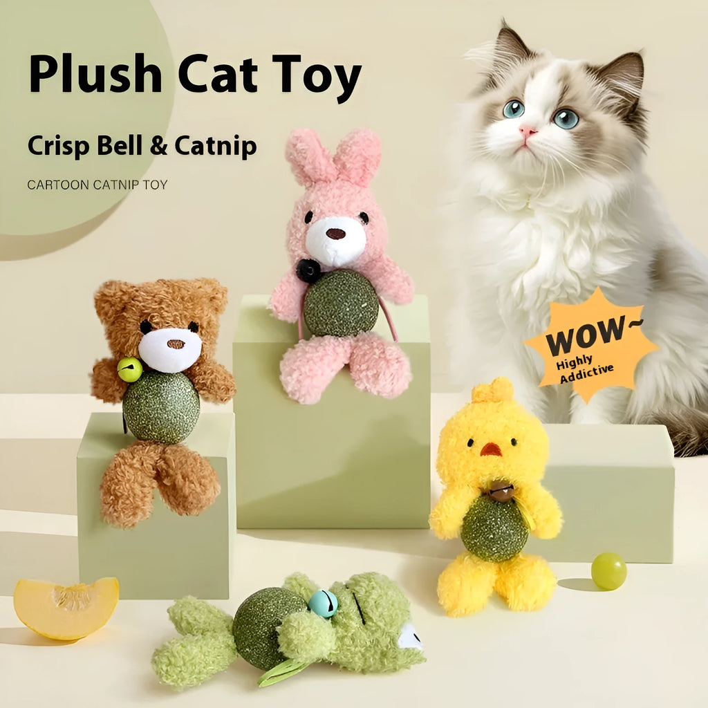 Brown bear plush cat toy with a mint ball and bell, showing size of 15cm height.
