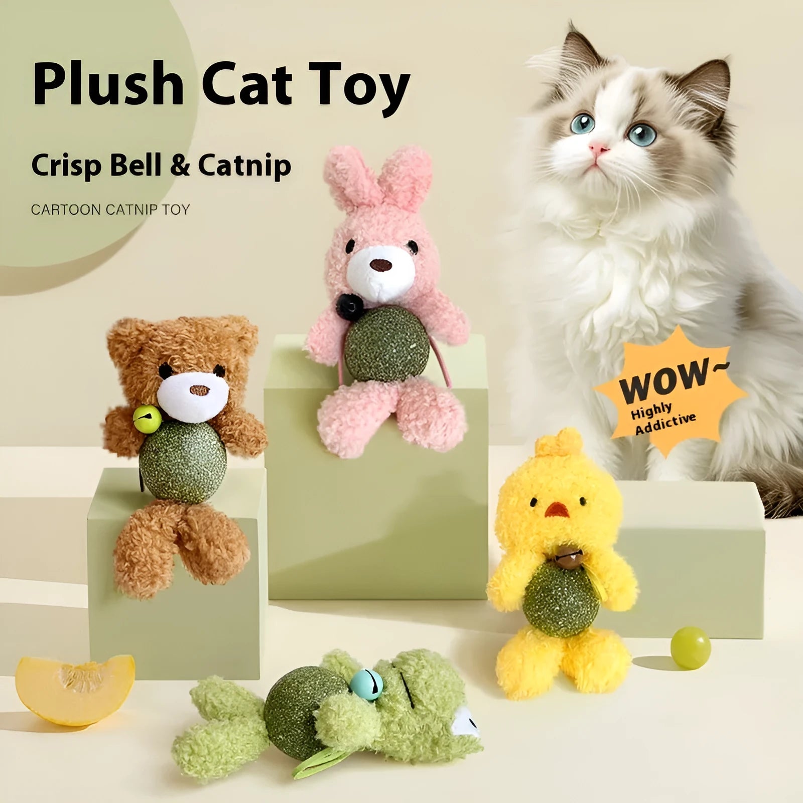 Brown bear plush cat toy with a mint ball and bell, showing size of 15cm height.
