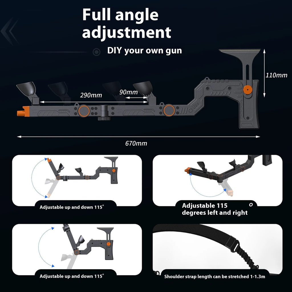 ABS VR gun mount for Quest 3 and 3S submachine gun games, approximately 67cm long in Quest 3/3S muzzle colour