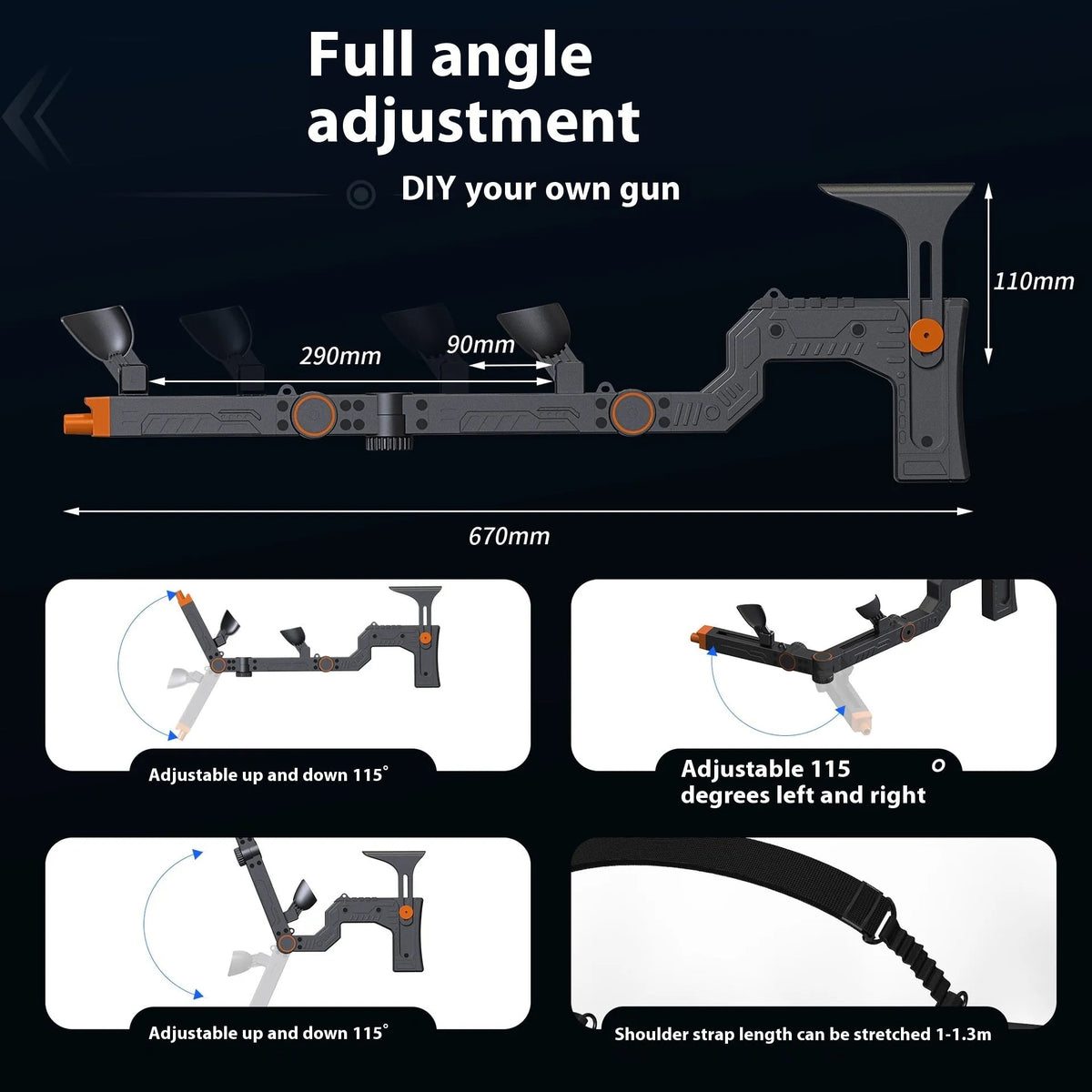 ABS VR gun mount for Quest 3 and 3S submachine gun games, approximately 67cm long in Quest 3/3S muzzle colour