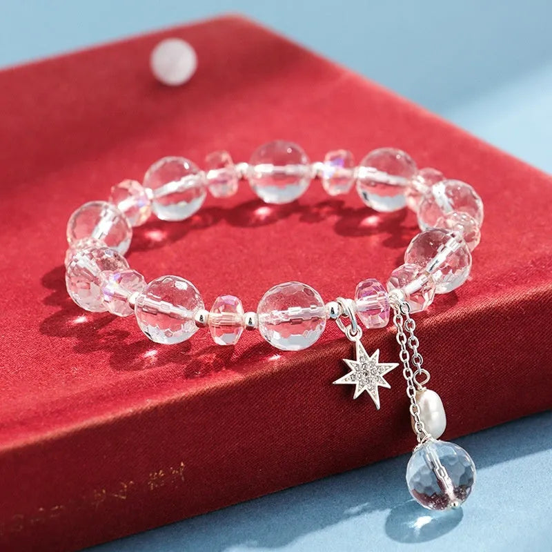 White crystal bracelet with Lucky Cat pendant, diamond shape beads, electroplated finish, Korean style women's jewellery