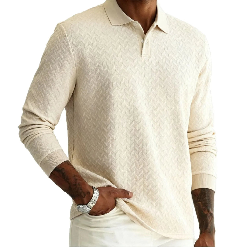 Men's solid colour lapel button-front long sleeve top in army green, front view